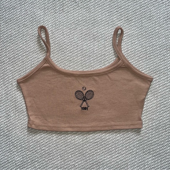 SHEIN Tops - Shein Ribbed Tan Tennis Racket Graphic Tank Top Bralette Sz Xs